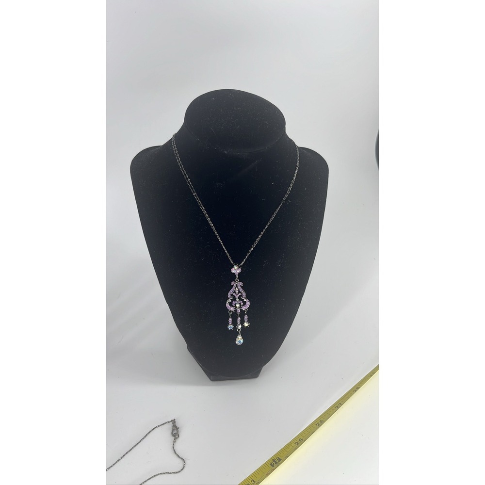 Victorian‎ Revival Gunmetal Purple AB Rhinestone Y-Drop Chandelier Necklace